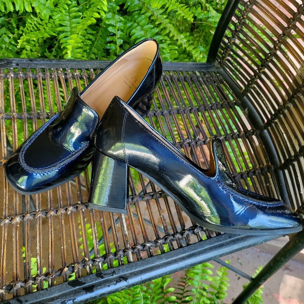 AQUATALIA Deep Navy Blue Patent Leather Michele Block Heel Loafer